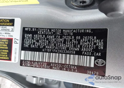 2017 Toyota Camry Se из США, поврежденный, VIN 4T1BF1FK2HU336058